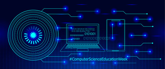 Computer Science Education Week is celebrated in USA during the second week in December. Hour of Code concept vector. Digital future waves in cyberspace with grid.