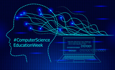 Computer Science Education Week is celebrated in USA during the second week in December. Hour of Code concept vector. Digital future waves in cyberspace with grid.