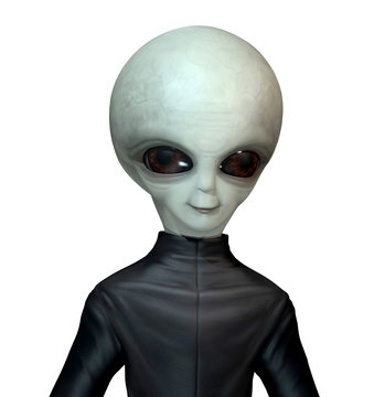 Photorealistic portrait of an alien in a black jumpsuit isolated on a white background. 3 d illustration. 3 d character.