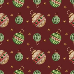 Seamless pattern with watercolor Christmas tree toys. Christmas theme and Christmas theme. For packaging, postcards, cloth, tableware, etc.