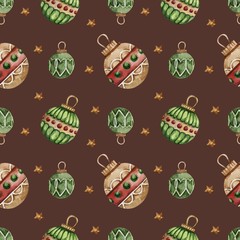 Seamless pattern with watercolor Christmas tree toys. Christmas theme and Christmas theme. For packaging, postcards, cloth, tableware, etc.