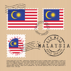 Postage stamps isolated on brown paper background with national flag  : Vector Illustration