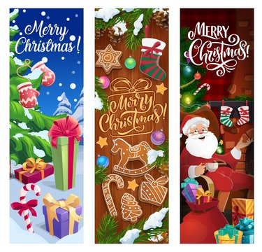 Christmas tree with Santa gifts vector banners. Xmas and New Year winter holiday presents, red bag and ribbons, snow, stars and balls, candies, gingerbread and snowflake, fireplace, socks and lights