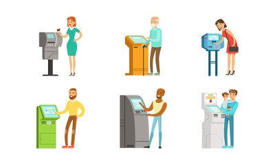 People Characters Using Payment Terminal Vector Illustrations Set