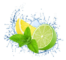 Cutted lime and lemon with mint in water splashes isolated on white background.