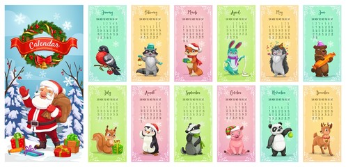 Monthly calendar vector template of Santa Claus, animals and Christmas gifts. New Year calendar with Xmas wreath, present boxes and red ribbon bow, reindeer with bell, bullfinch and bear, fox, rabbit