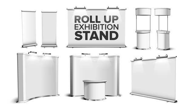 Roll Up Stand, Fair Desk, Counter Table Set Vector. Collection Of Exhibition Equipment, Blank Stand, Commercial Advertising Banner Wall With Backlight. Template Realistic 3d Illustrations