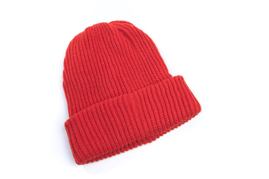 Red Knit Wool Hat with isolated on white background - Image