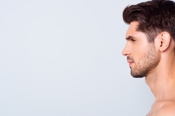 Closeup profile photo of macho model guy perfect neat hairstyle looking empty space focused salon...