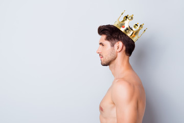 Close-up profile side view portrait of his he nice attractive content sensual groomed brunette guy...