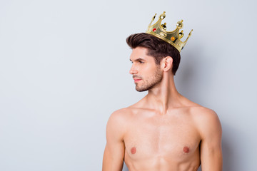 Close-up profile side view portrait of his he nice attractive content well-groomed brunette guy...