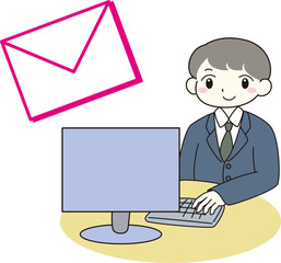 男性　男の子　ビジネスマン　メール　送受信　パソコン　気づく　楽しい　作業　考える　タイピング