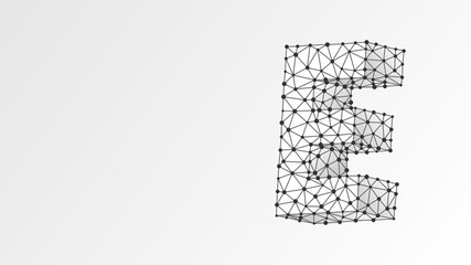 Alphabet letter E. Abstract digital wireframe, low poly mesh, vector white origami 3d illustration. Design of an Uppercase letter. Banner, template or a pattern. Triangle, line dot