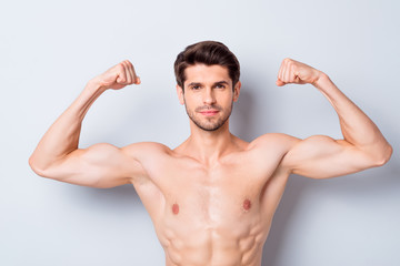 Photo of handsome macho man guy showing perfect fit shape biceps looking mirror love himself after sport gym strong man topless tender torso body isolated grey background - obrazy, fototapety, plakaty