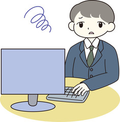 男性　男の子　ビジネスマン　パソコン　過労　残業　不調　吹き出し　想像　枠　作業　考える　タイピング