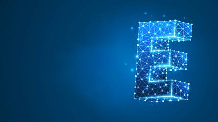 Alphabet letter E. Design of an Uppercase letter. Banner, template or a pattern. Abstract digital wireframe, low poly mesh, Raster blue neon 3d illustration. Triangle, line, dot
