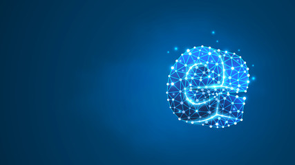 Alphabet letter e. Design of a lowercase letter. Banner, template or a pattern. Abstract digital wireframe, low poly mesh, Raster blue neon 3d illustration. Triangle, line, dot