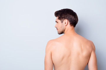 Back rear profile side photo of serious brutal guy look copyspace feel thoughtful about skincare...