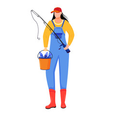 Fisherwoman flat vector illustration. Sport, active leisure. Fisher with fishing rod and bucket isolated cartoon character on white background