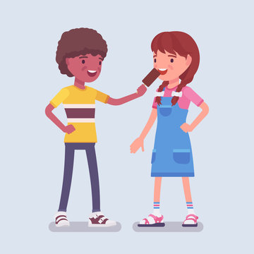 Boy sharing ice cream with a girl friend. Child giving some eskimo pie to enjoy, mutual trust, kindness and support between teens, gesture providing love, care. Vector flat style cartoon illustration