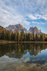 Beautiful sunset landscapes in Lake Antorno (Lago d'Antorno), autumn landscapes in Dolomites, Italy