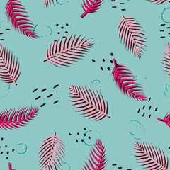 Fototapeta na wymiar Seamless pattern with tropical leaves and hand-drawn blotches and marker strokes.