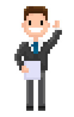Man wearing formal clothes vector, pixel character isolated flat style man holding document and waving cheerfully, personage of 8 bit game, office worker