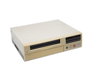 Top view old cream video tape player on white background, object,technology, copy space