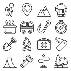 Camping Icons Set on White Background. Line Style Vector