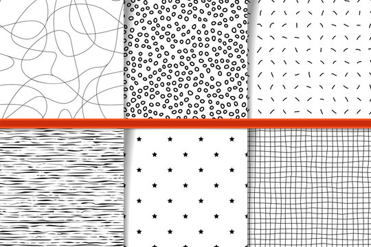 Abstract hand drawn monocolor seamless patterns set