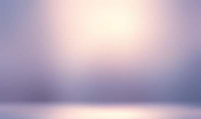 Golden glow on lilac smooth wall and floor. Blurred texture. Empty room 3d illustration. Abstract interior.