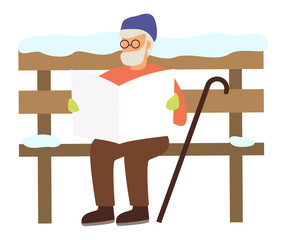Fototapeta premium Older man character in casual clothes reading newspaper in winter park. Grandfather sitting on snowy bench with paper and stick. Senior with beard wearing hat and glasses relaxing outdoor vector