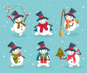 Cute winter holiday snowmen set. Snowman in hat, scarf with garland, broom, present and decorated fir tree. Merry Christmas, Happy New Year icons. Vector illustration in cartoon style