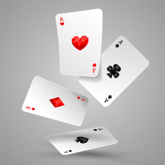 Set of four aces playing cards fly or falling. Poker hand