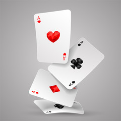 Deck of four aces playing cards fly or fall down. Winning poker hand