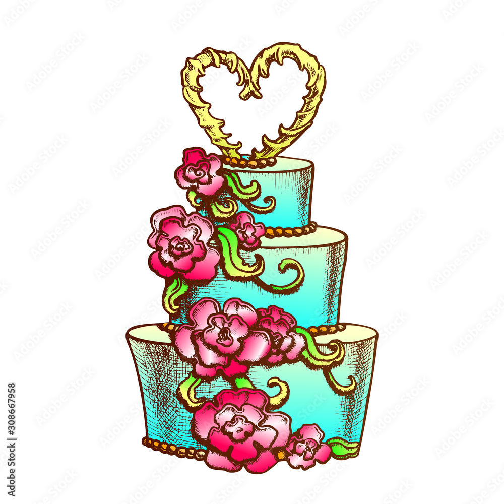 Wall mural cake decorated flowers and heart on top ink vector. festive wedding and married day delicious cake f