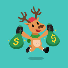 Merry Christmas vector cartoon reindeer holding money bags for design.