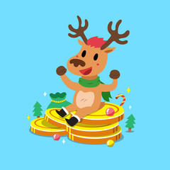 Obraz na płótnie Canvas Merry Christmas vector cartoon reindeer with big money coins stack for design.