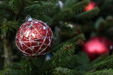 Christmas decorations on a fir branches. New Year tree with red toy balls, magic of the holiday