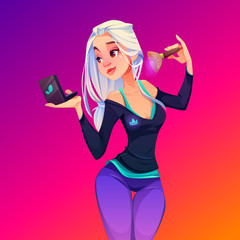 Woman applying makeup. Beautiful young blonde girl wearing sportswear with crown print looking in mirror put powder or blush on face using cosmetics brush. Beauty procedure Cartoon vector illustration