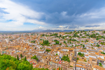 Alhambra. A views of the old city and the mountains from the observation deck of Alcazaba. Granada, Andalusia, Spain