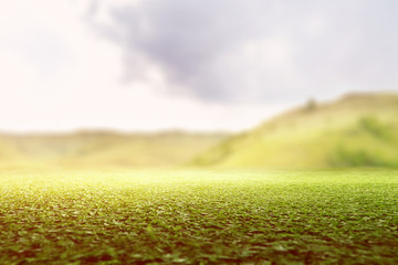 Close up view of green grass field with hills