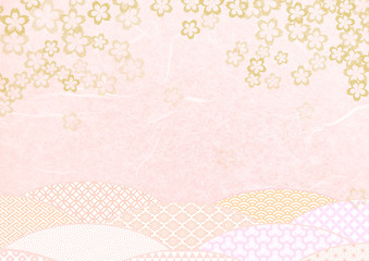 桜模様の和紙テクスチャ背景素材-金色とピンク色