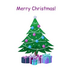 Decorated Christmas tree with gift boxes, stars, beaded garland and decoration balls. Merry Christmas and a Happy New Year greeting card. Vector illustration in cartoon style