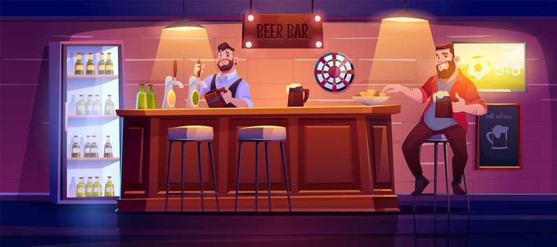 Man in beer bar. Visitor at pub sit on stool at wooden desk eating chips, barman pouring drink from tap to glass, menu board, darts tv with football match and muffled light Cartoon vector illustration