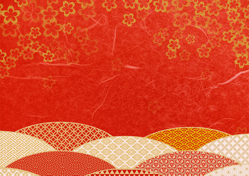 桜模様の和紙テクスチャ背景素材-赤色