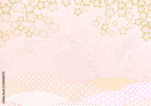 桜模様の和紙テクスチャ背景素材 金色とピンク色 Wall Mural Rrice 桜模様の和紙テクスチャ背景素材 金色とピンク色 Wall Mural Rrice