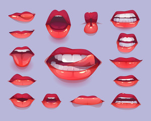 Woman mouth set. Red sexy lips expressing different emotions as happy smiling, seduction, show tongue, kiss, surprising, disgust. Design elements, icons, stickers. Cartoon vector illustration clip art
