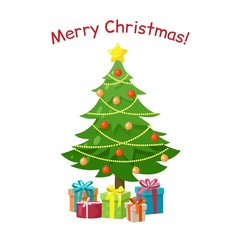 Decorated Christmas tree with star, gift boxes, balls and beaded garland, isolated on white background. New Year and Merry Christmas greeting card, poster, icon. Vector illustration in cartoon style