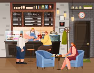 People breaktime with beverage in coffeehouse. Woman sitting at table with cup, men sitting near bar with bartender or waiter. Interior of restaurant urban place with coffee, tea and food menu vector